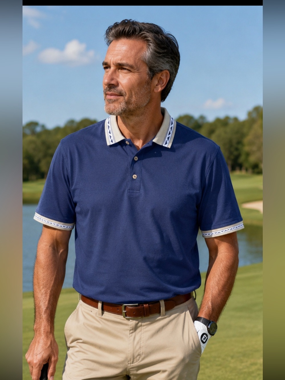Vintage Men's Navy Short-Sleeve Polo with Contrast Trim